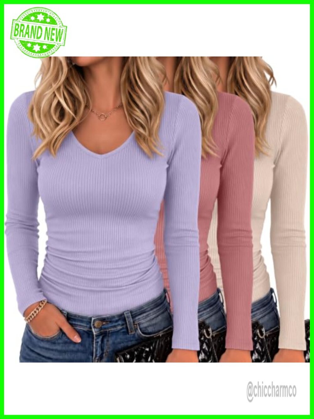 Womens Ribbed Long Sleeve V Neck Shirts 95% Cotton Slim Fit 3 Pack